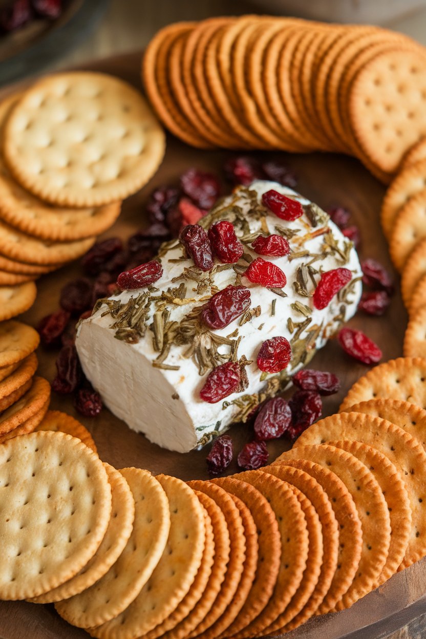 An indoor cheese board featuring a goat cheese log rolled in dried cranberries and herbs, flanked by assorted crackers. No text or logos.