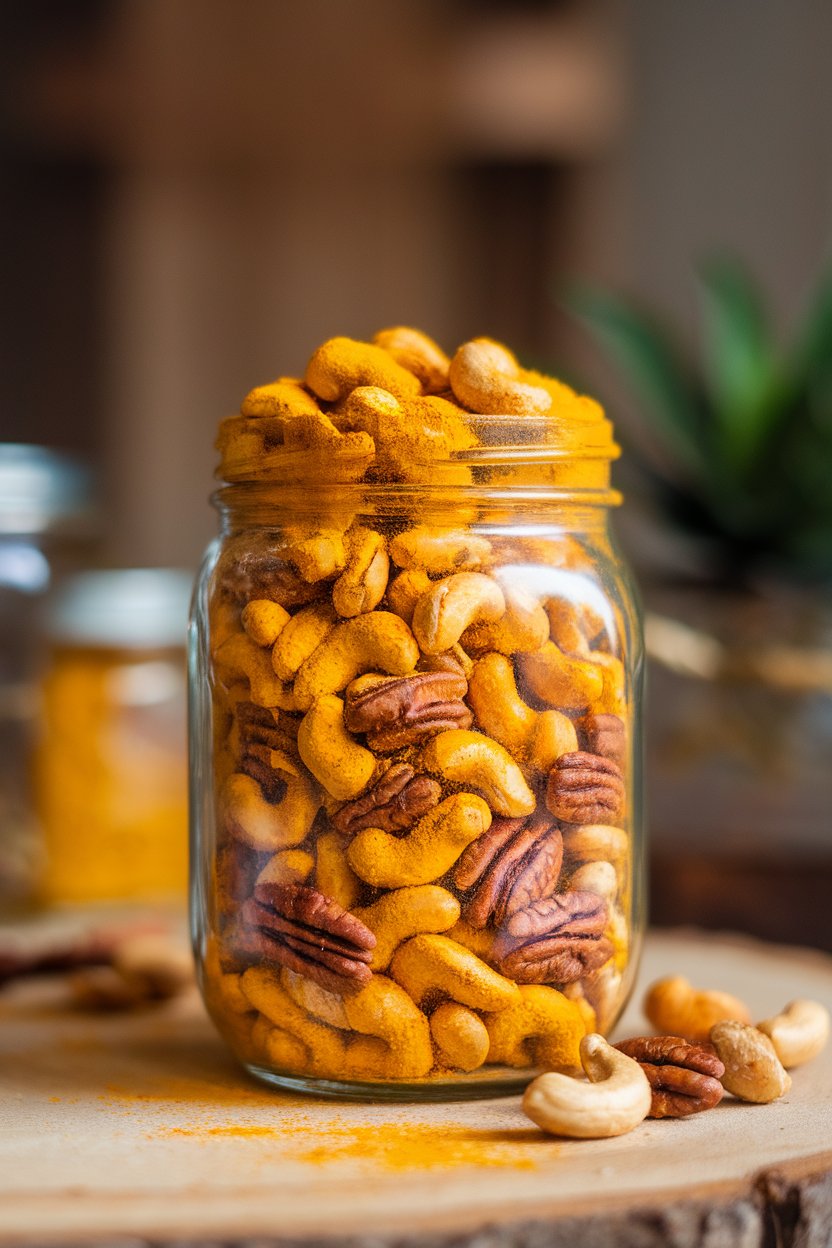 Photo of indoor jar of mixed nuts coated in yellow turmeric spice blend, no text or logos.