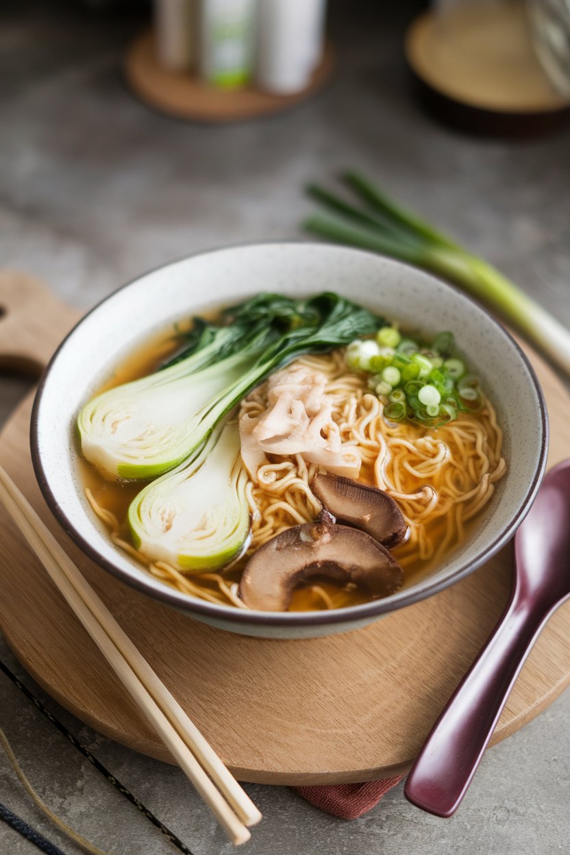 An indoor ramen bowl featuring noodles in clear broth, bok choy halves, sliced mushrooms, and green onions; photo only, no text or logos.