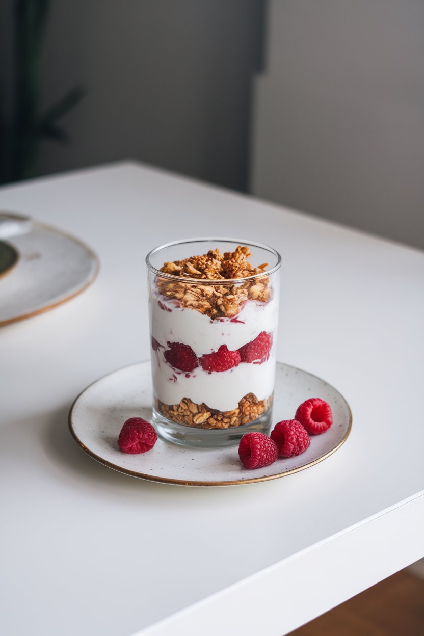 Indoor breakfast table with a tall glass layered with almond yogurt, fresh raspberries, and crunchy granola. No brand names or text visible.