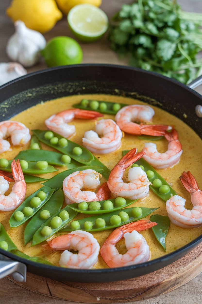 An indoor skillet full of cooked shrimp in light coconut curry sauce with bright green snap peas; no branding.