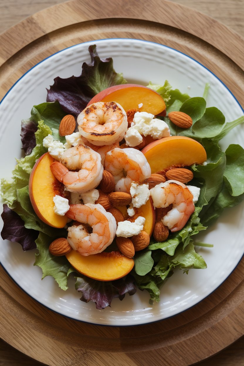 An indoor plate with mixed greens topped by grilled shrimp, caramelized peach slices, goat cheese crumbles, and toasted almonds; no text or logos; photo