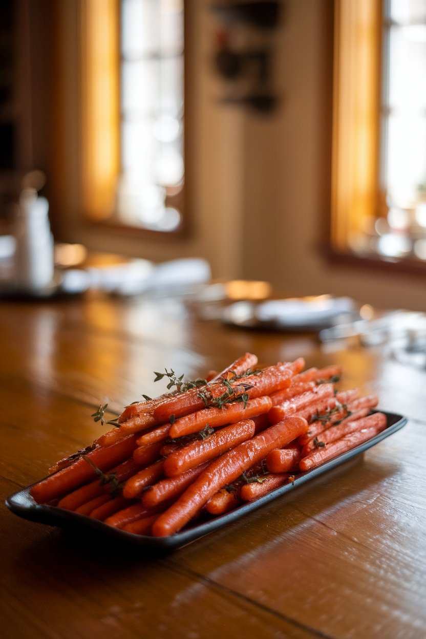 A warmly lit indoor dining room showing a narrow platter piled with roasted carrot sticks glistening with maple glaze and scattered thyme leaves. Photo, no text or logos.