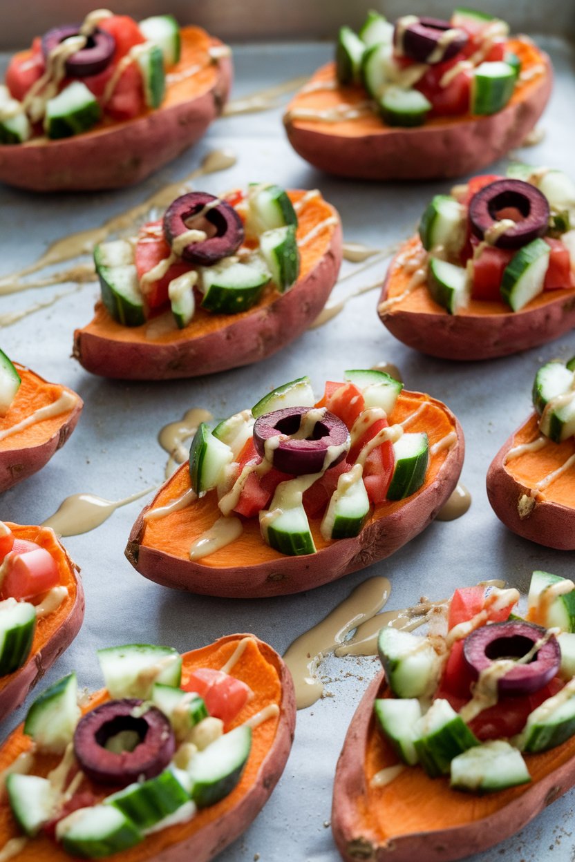 An indoor baking sheet with halved cooked sweet potatoes topped with chopped cucumber, tomato, olives, and a drizzle of tahini. No logos or text. Photo.