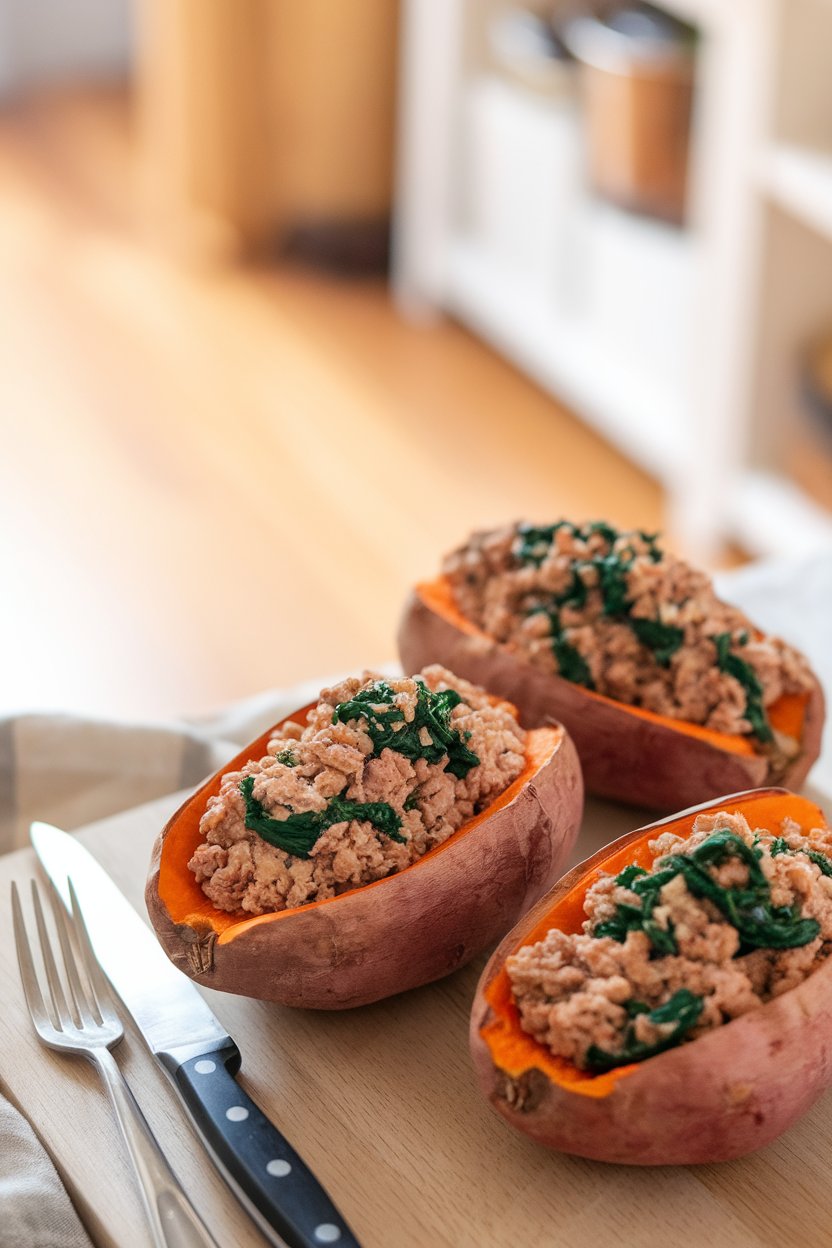 Indoor photo of halved baked sweet potatoes filled with ground turkey and spinach mixture; warm kitchen light, no text or logos