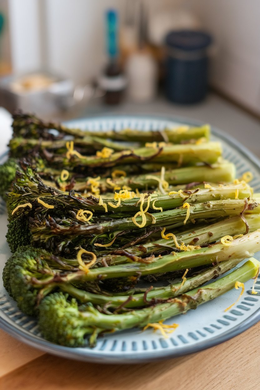 A platter indoors showcasing charred broccolini stalks drizzled with lemon zest and garlic slivers. No text or logos.