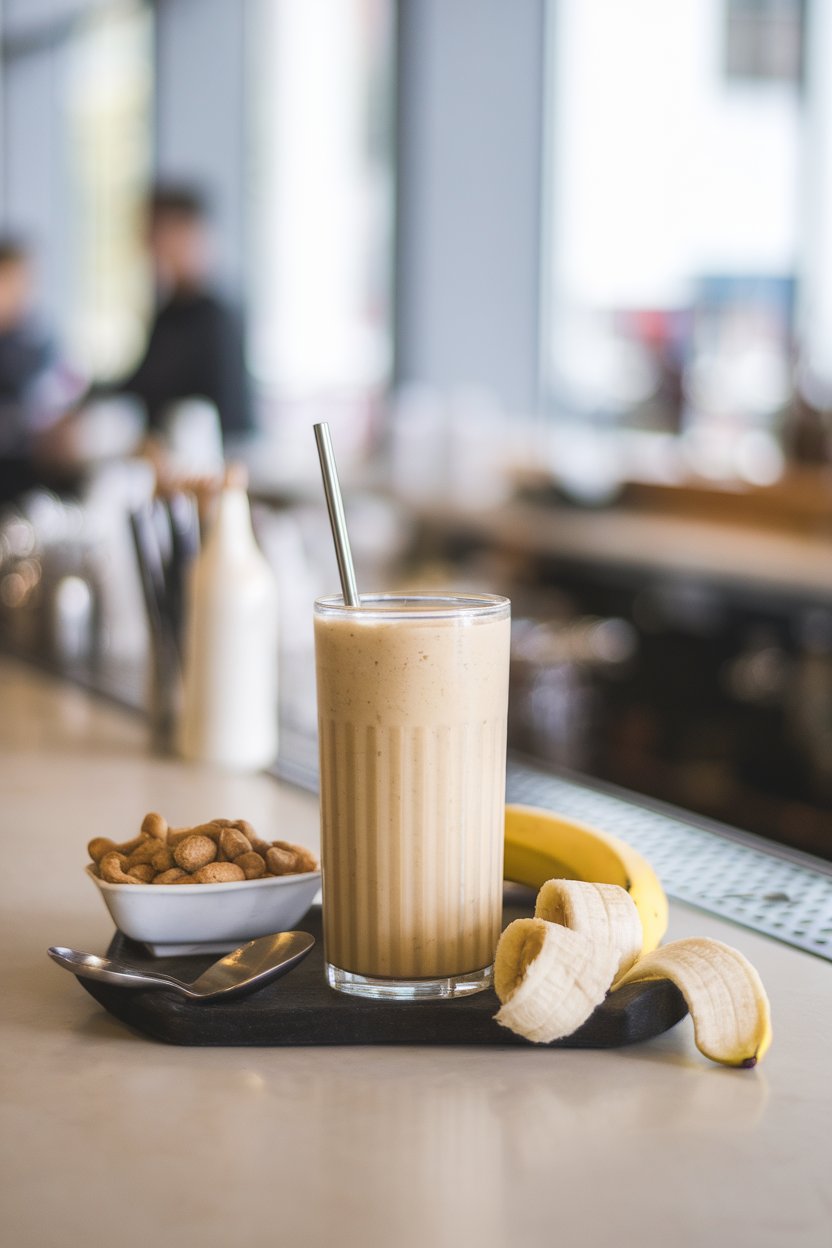 An indoor bar counter with a tall glass of creamy banana-peanut butter smoothie beside a small bowl of peanuts and a peeled banana. Photo only; no logos or text.