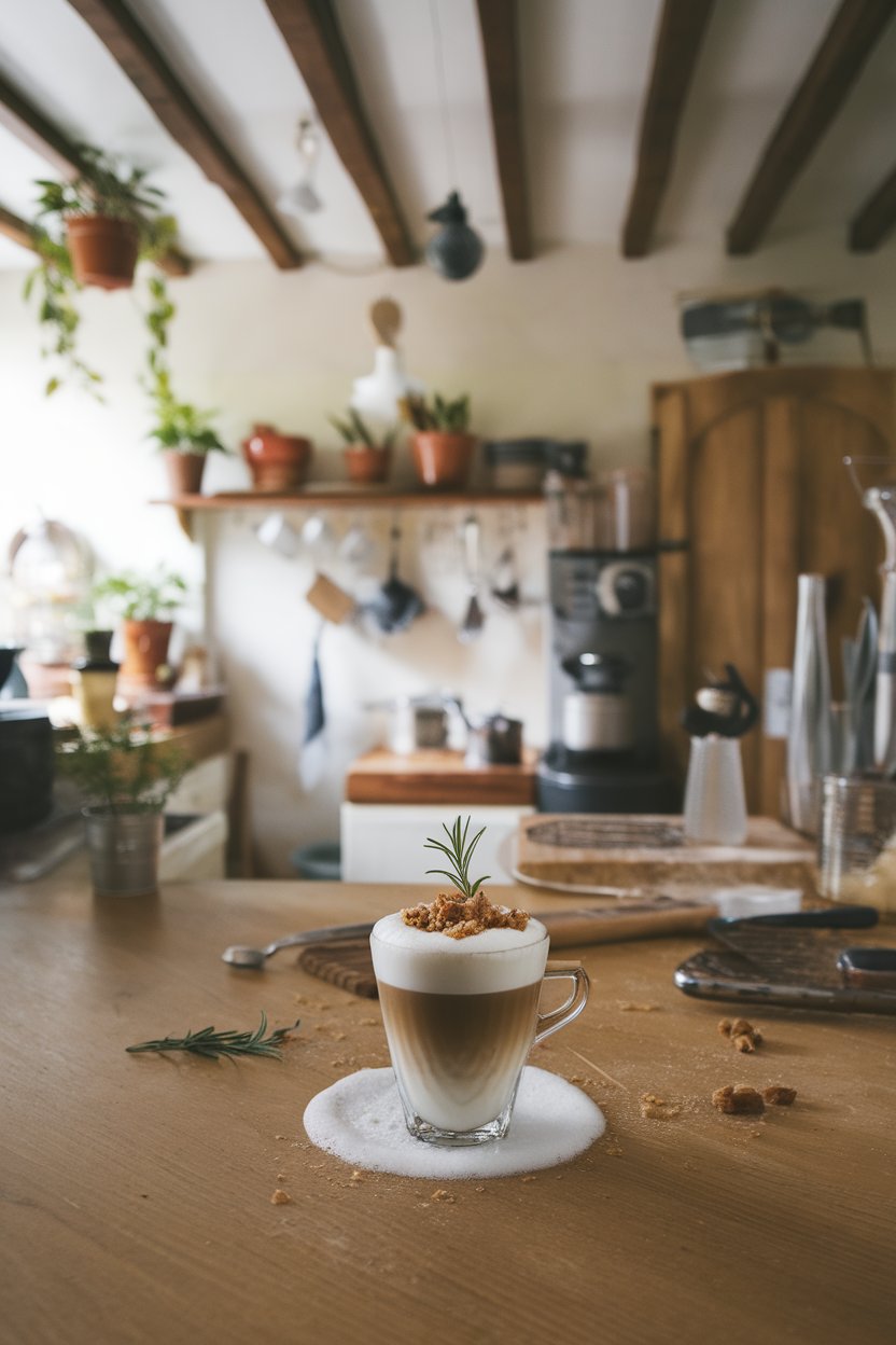 Indoor farmhouse kitchen scene with a small cup of flat white garnished by a tiny rosemary sprig and chestnut crumble on foam. No logos or text. Photo only.