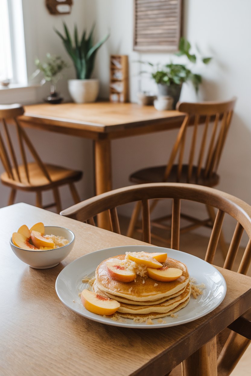 Indoor breakfast nook featuring golden pancakes topped with peach slices and grated ginger; no logos.