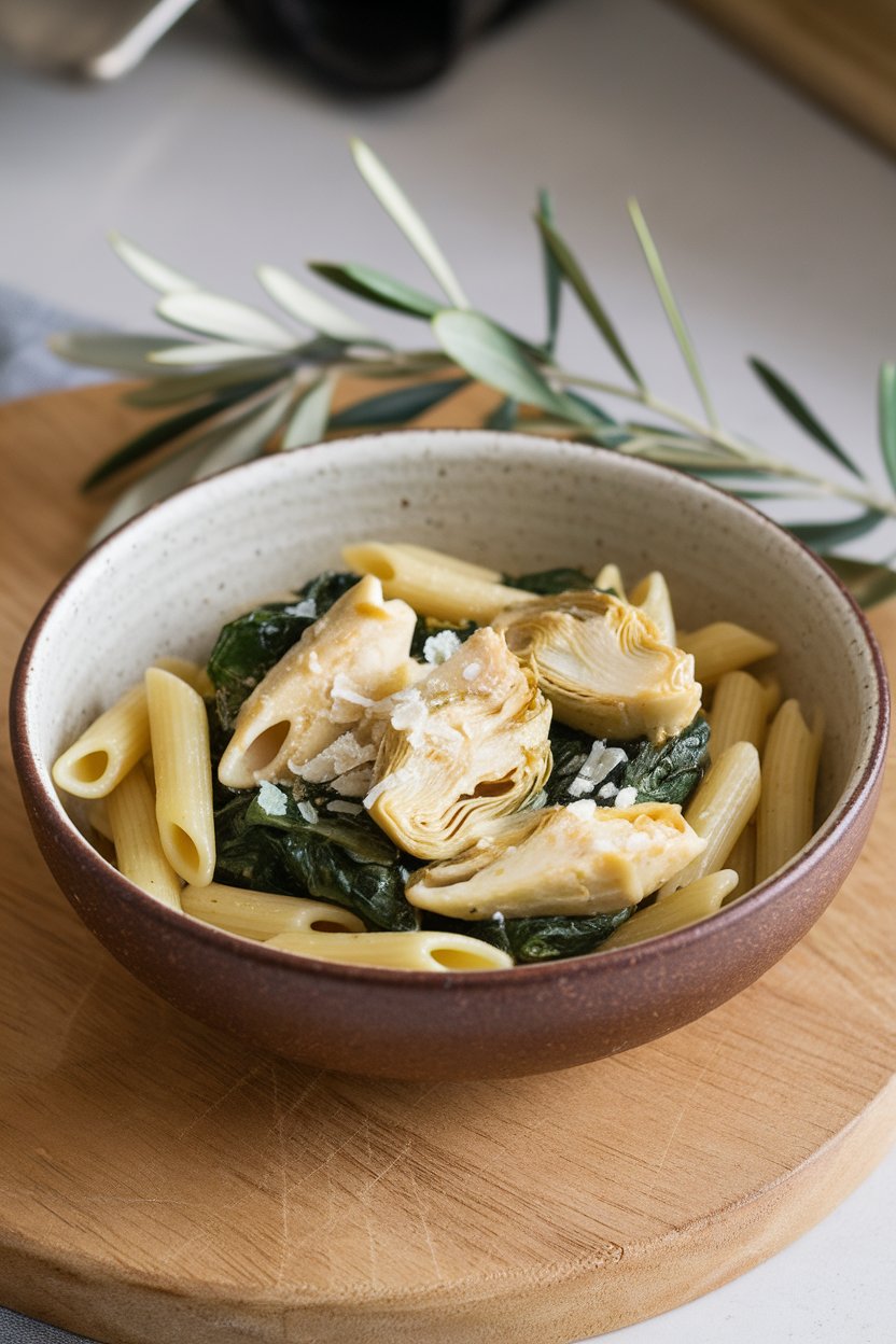An indoor ceramic bowl showing penne with baby spinach, marinated artichoke hearts, and a sprinkle of Parmesan; no text or logos.