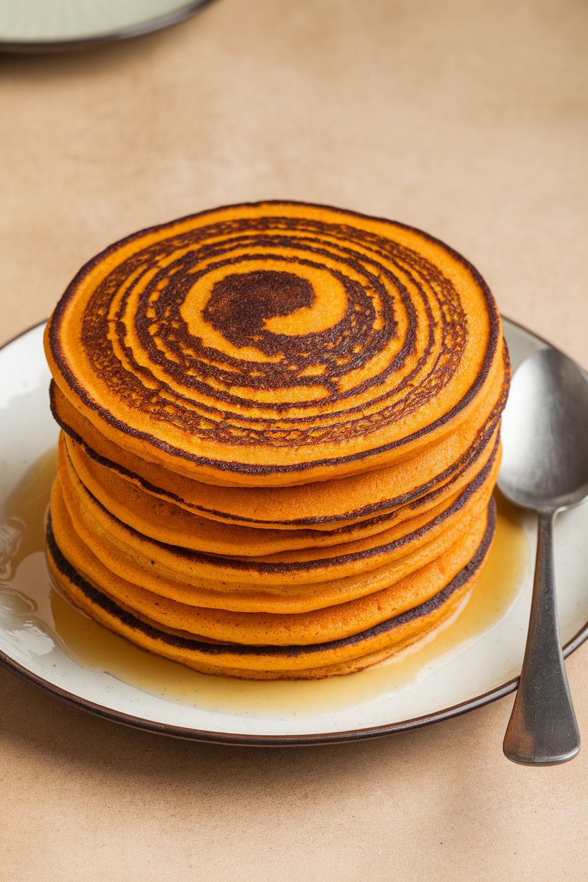 Indoor close-up of orange pancakes with a dark chocolate swirl pattern, no text or logos.