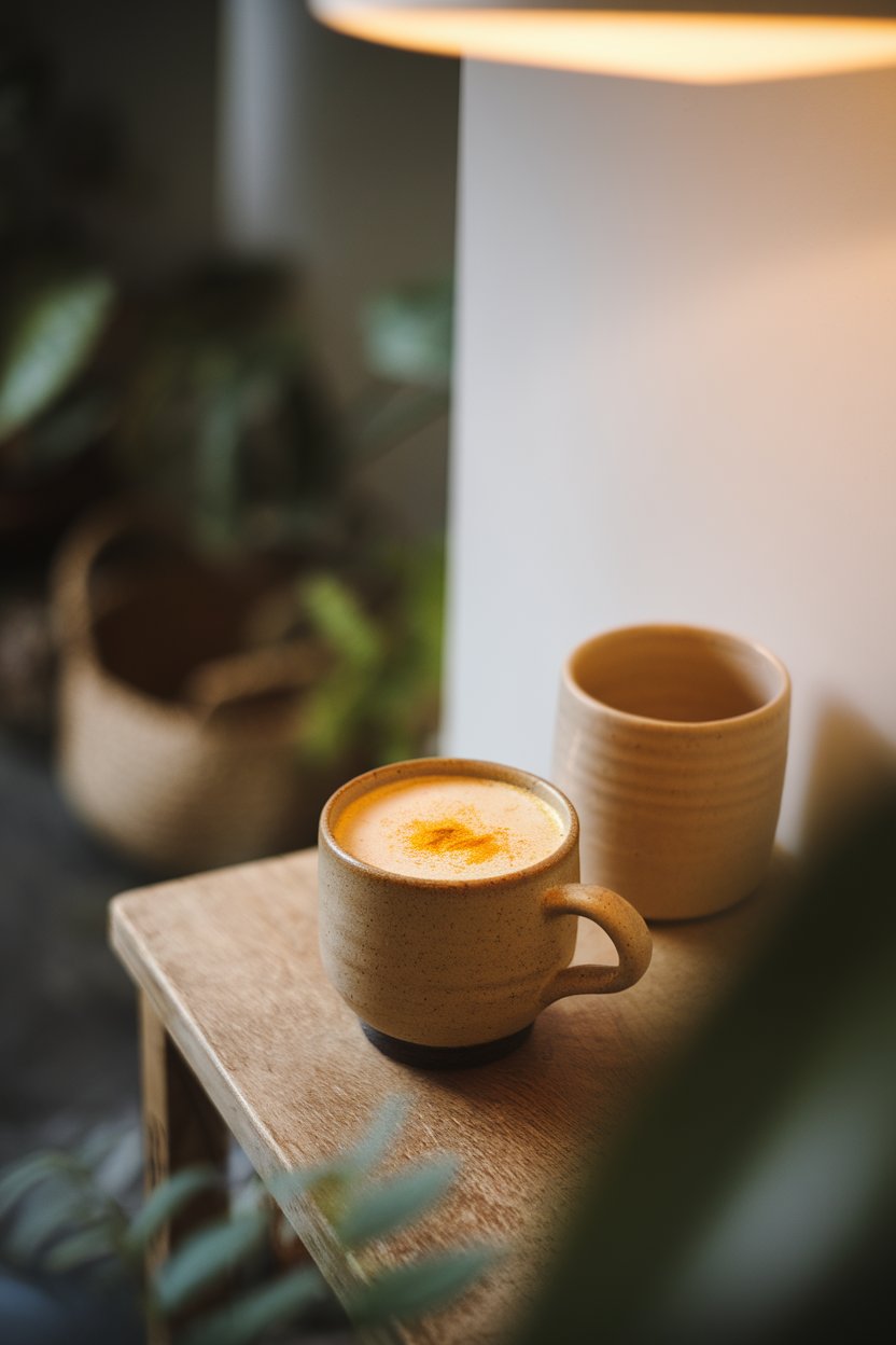 Photo of an indoor ceramic cup filled with frothy golden milk, turmeric sprinkled on top, ambient lamp light, no text or logos.