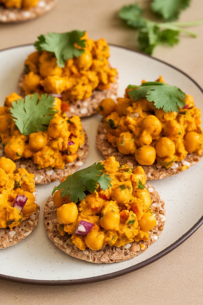 Indoor snack plate showing whole-grain crackers topped with curried chickpea salad and cilantro leaves. No logos or text.