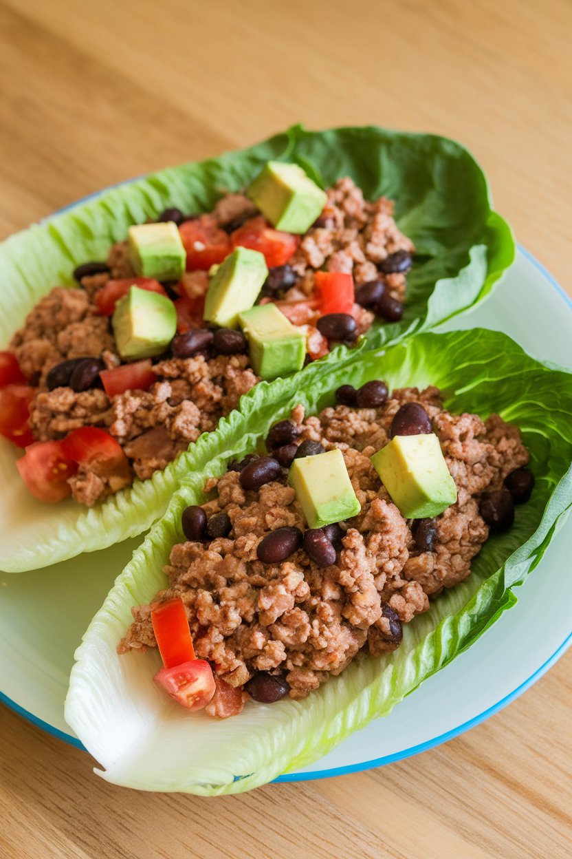 A bright indoor plate displaying crisp romaine leaves filled with seasoned ground turkey, black beans, diced tomatoes, and avocado cubes. No text or logos in the scene.