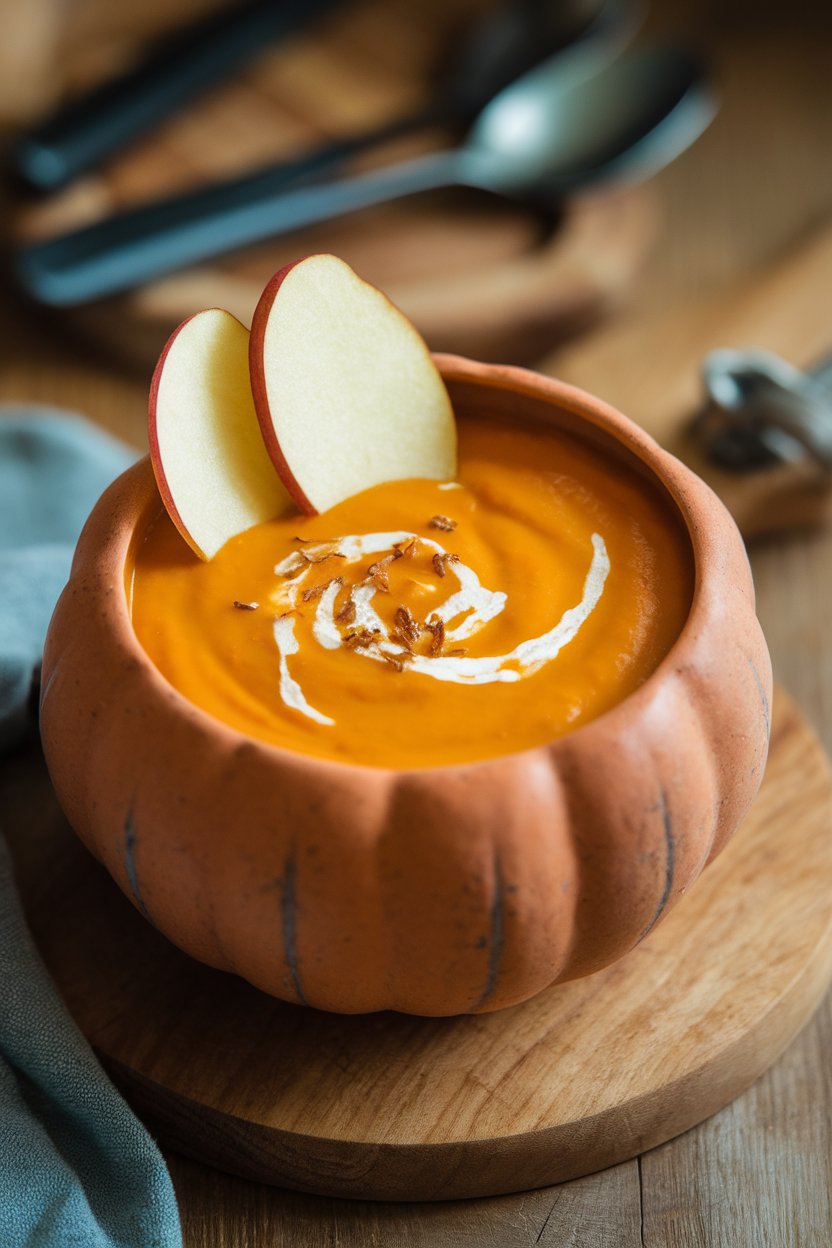 Indoor photo of bright orange butternut squash soup in a matte bowl, thin apple slices floating on top; no text or logos