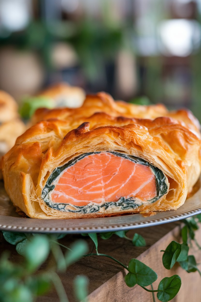 A sliced piece of baked salmon wrapped in golden puff pastry on an indoor platter, creamy spinach visible inside, no raw fish, no text or logos. Photo.