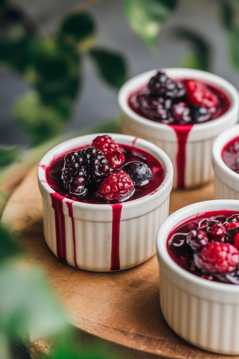 Indoor ramekins of panna cotta topped with mixed berry compote, vanilla specks visible. No text or logos. Photo only.