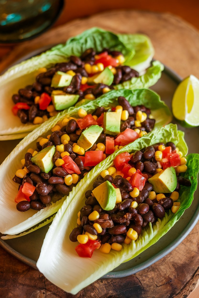 Photo prompt: An indoor platter of romaine leaves filled with sautéed black beans, corn, diced tomatoes, and avocado cubes, lime wedges on the side. No text or logos in scene.