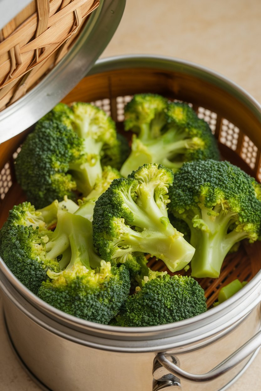 Indoor steamer basket opened to reveal vibrant green steamed broccoli florets glistening with a hint of olive oil. No logos or text. Photo.