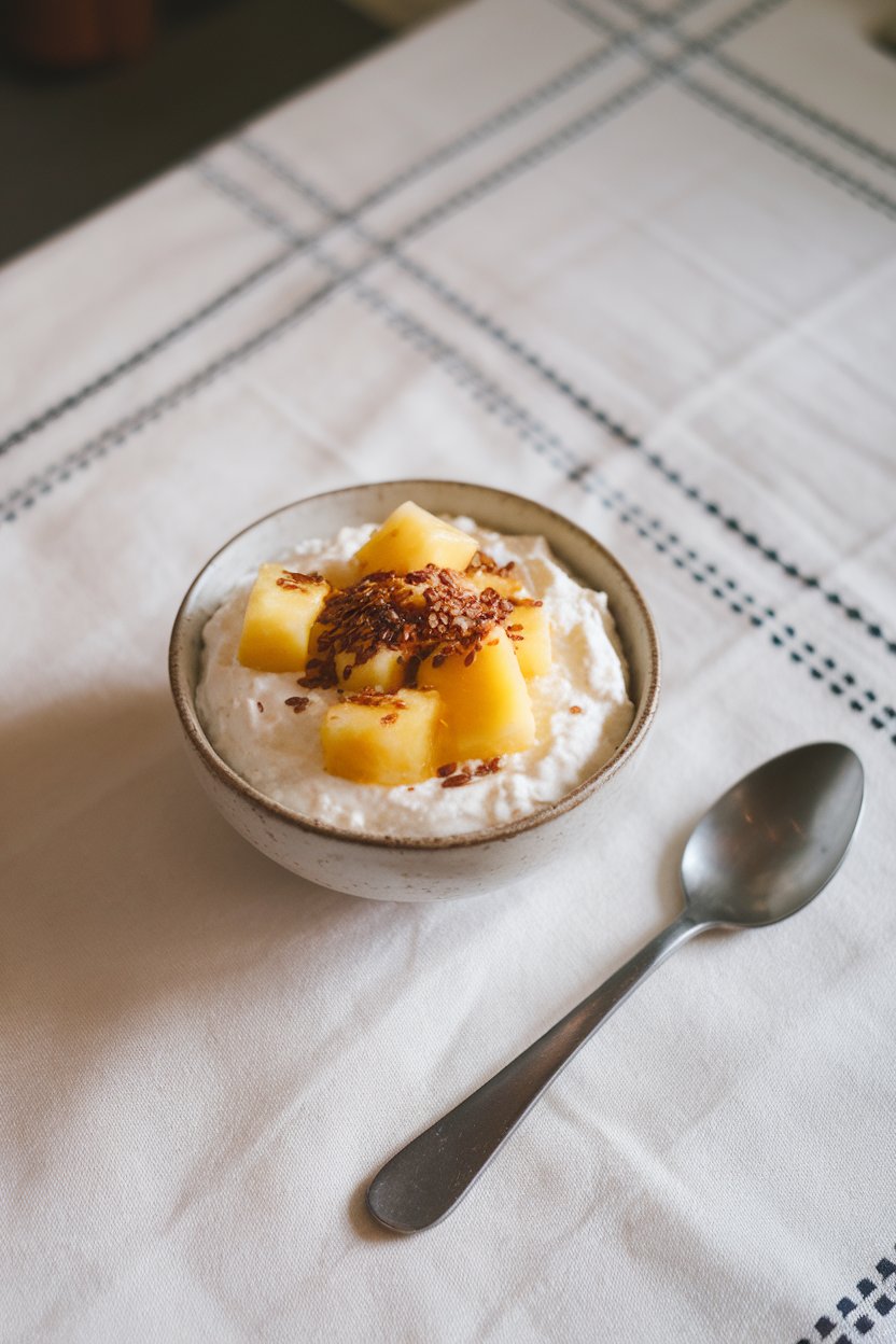 Indoor kitchen table scene featuring a small bowl of cottage cheese topped with pineapple chunks and a dusting of flaxseed, spoon resting beside it. No text or logos, photo not illustration.