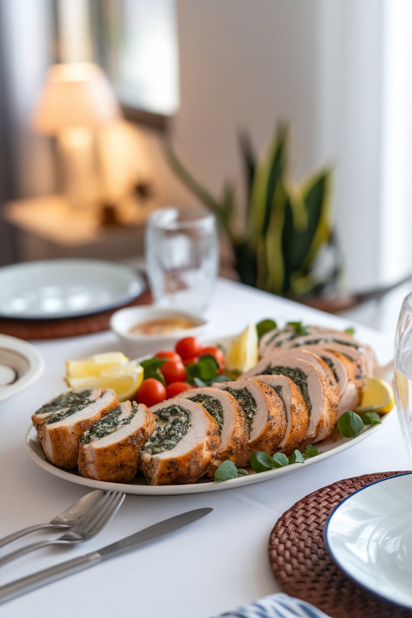 Indoor dining table featuring sliced stuffed chicken breasts, revealing a green-and-white spinach feta filling, on a simple platter. No logos.