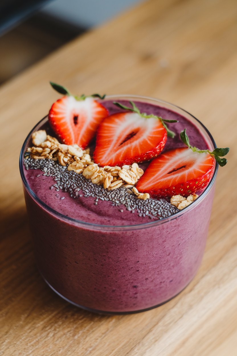 An indoor bowl of thick berry smoothie topped with sliced strawberries, granola, and chia seeds; no brand markings.