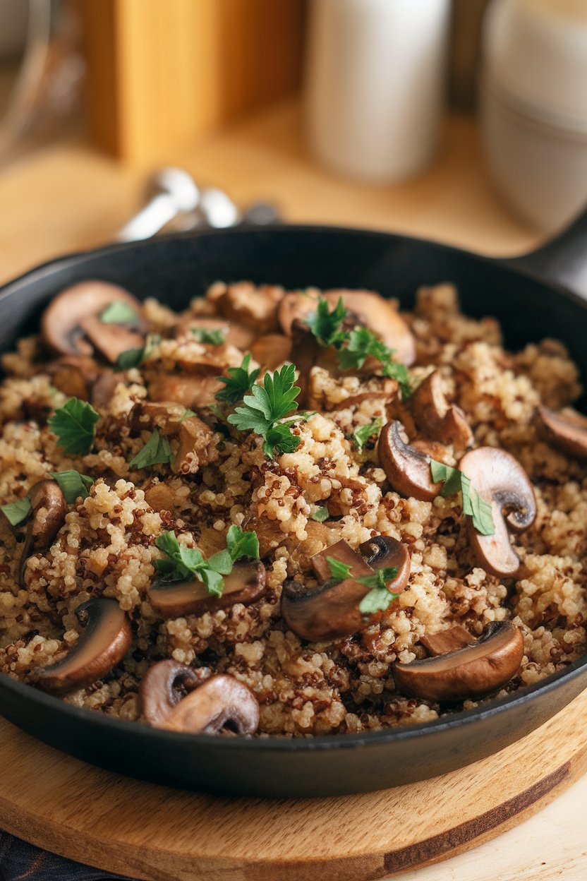 Photo, indoors, skillet of sautéed mushrooms mixed with fluffy quinoa, garnished with parsley. No text or logos.