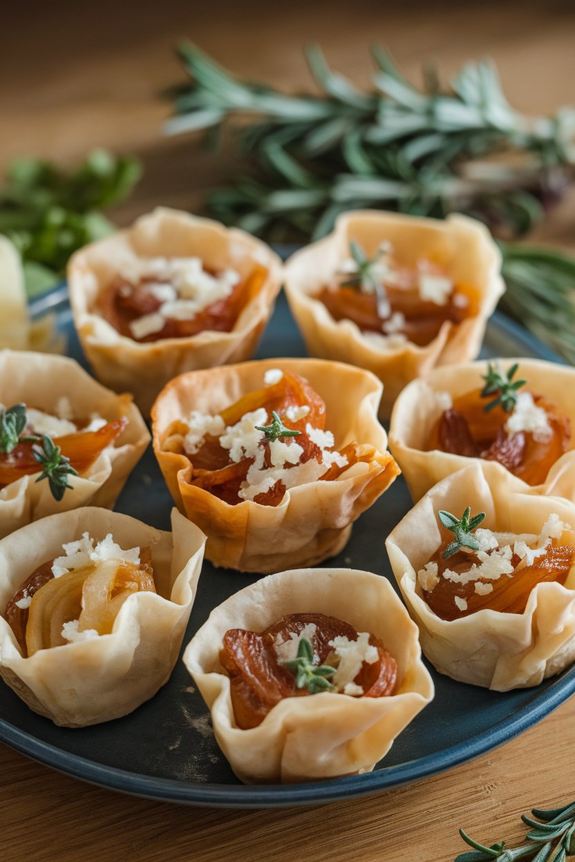 Mini phyllo cups filled with caramelized onions and Gruyère cheese on an indoor platter. No text or logos. Photo.