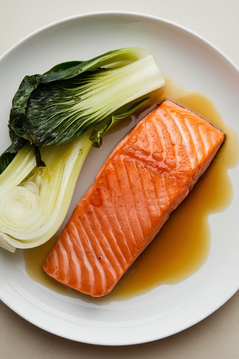 Indoor plate displaying cooked salmon fillet beside sautéed bok choy drizzled with soy-ginger glaze. No logos or text present.