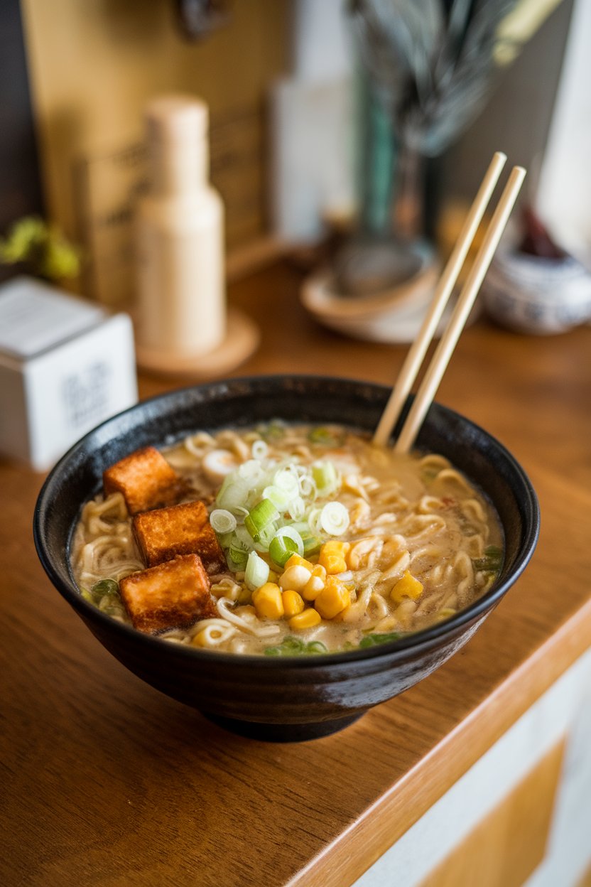 A cozy indoor counter scene featuring a deep bowl of ramen noodles in cloudy miso broth, crispy tofu cubes, scallions, and corn. No text or logos; photo, not illustration.