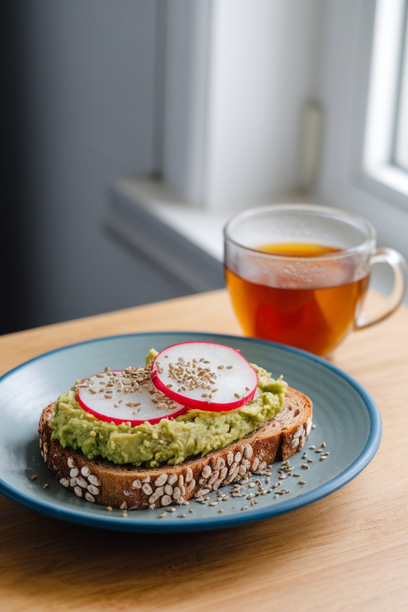 Indoor breakfast plate with whole-grain toast topped with mashed avocado, radish slices, and hemp seeds—morning light, no text or logos.