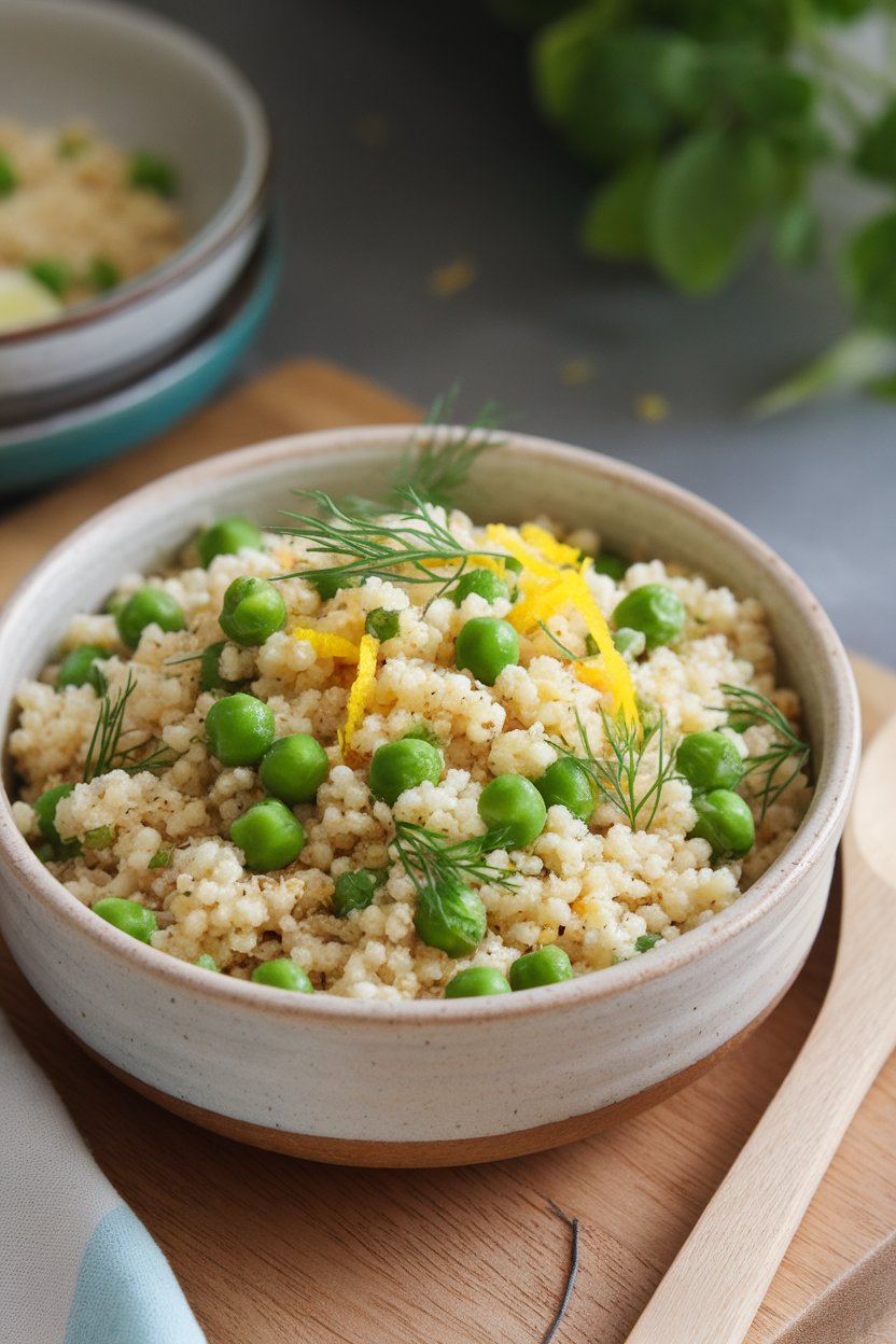 Photo of an indoor ceramic bowl containing fluffy couscous mixed with bright green peas, lemon zest, and dill; no text or logos