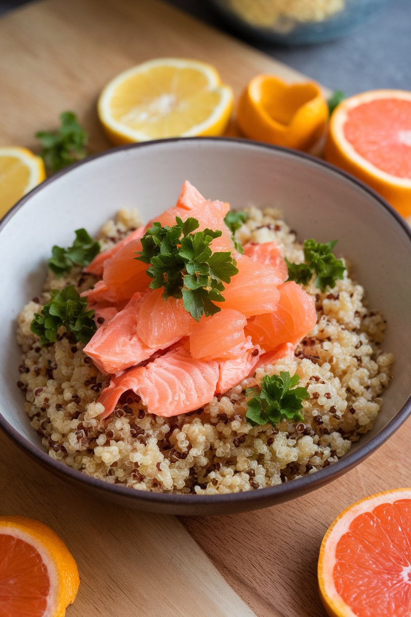 An indoor bowl showing flaked cooked salmon over citrus-infused quinoa with parsley and grapefruit segments. No text or logos visible.