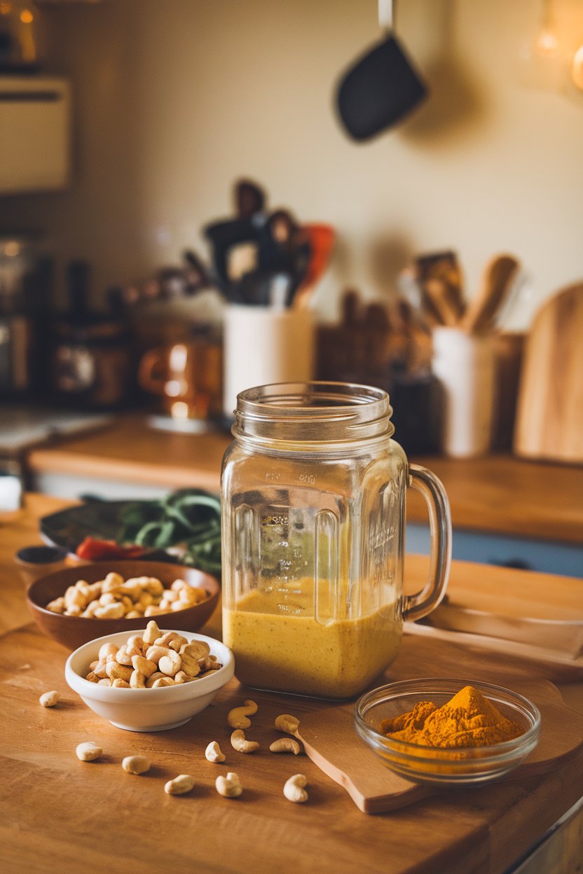 Indoor kitchen island showing a blender jar of creamy yellow cashew curry dressing, raw cashews and curry powder in small bowls. Photo, not illustration. No text or logos.
