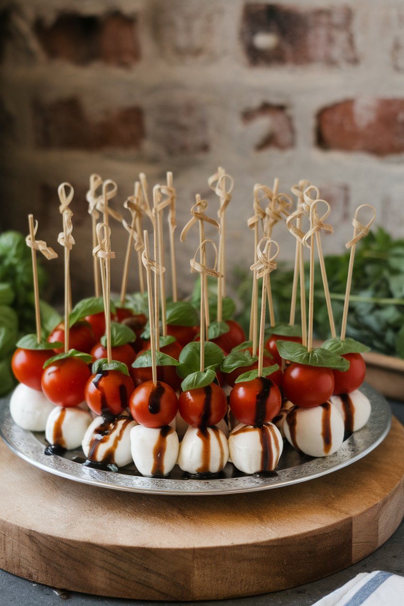 Short skewers on a platter holding cherry tomatoes, mozzarella pearls, and basil leaves drizzled with balsamic reduction. No text or logos.