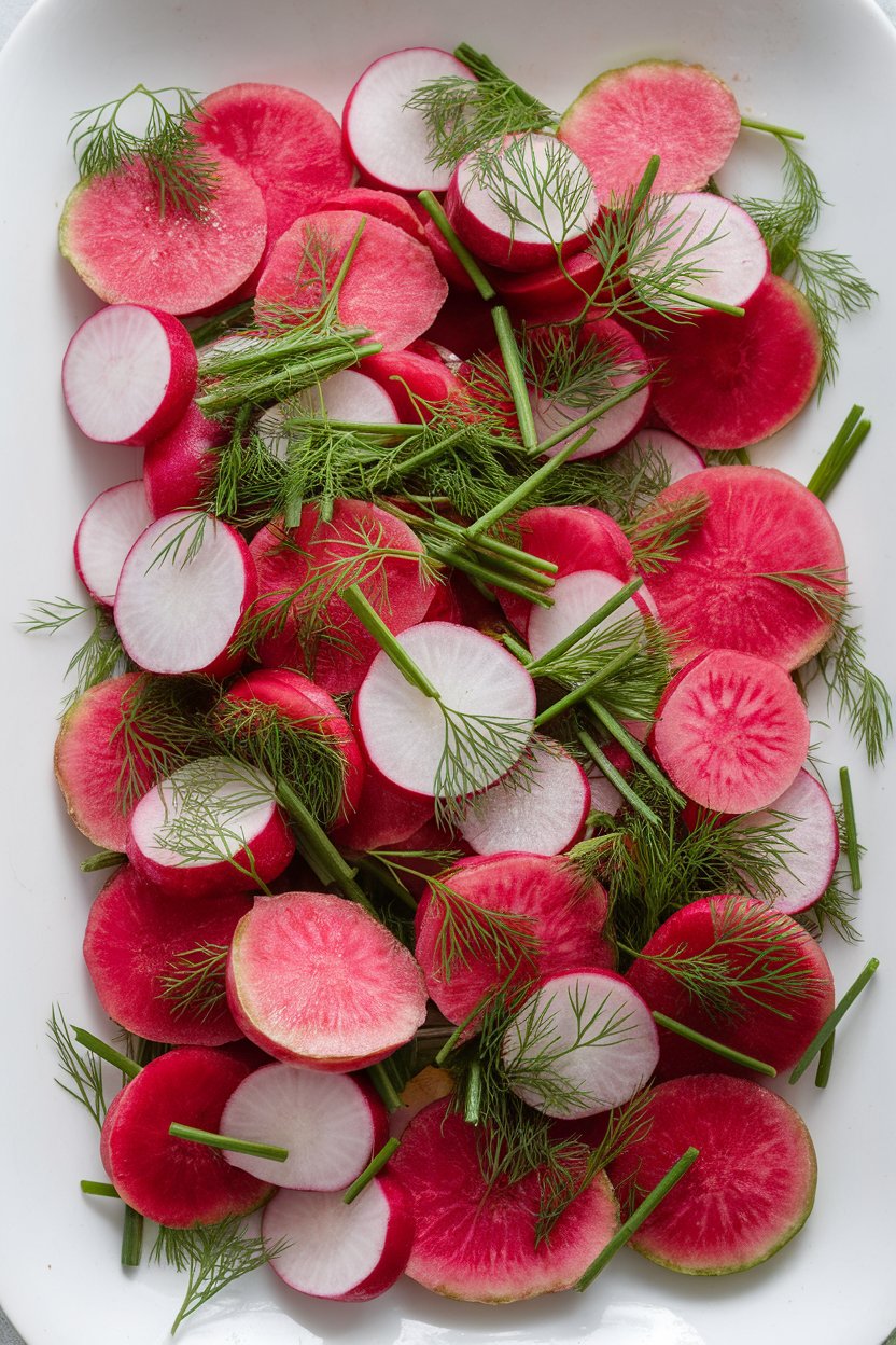 Indoor photo of sliced watermelon radishes and regular radishes tossed with fresh dill and chives on a white platter. No text or logos; photograph.