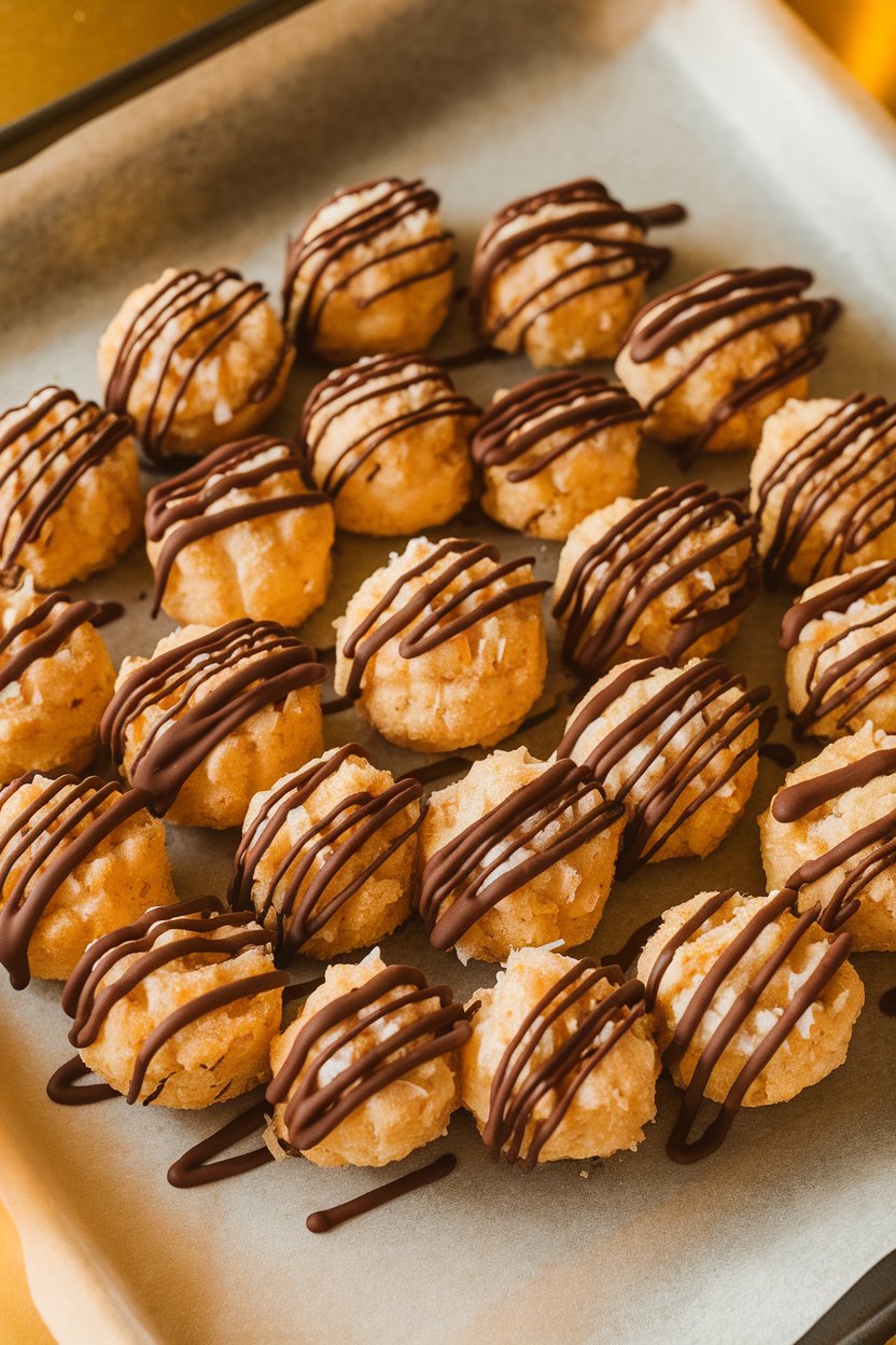 An indoor parchment-lined tray with golden coconut macaroons drizzled lightly with dark chocolate. No text or logos.