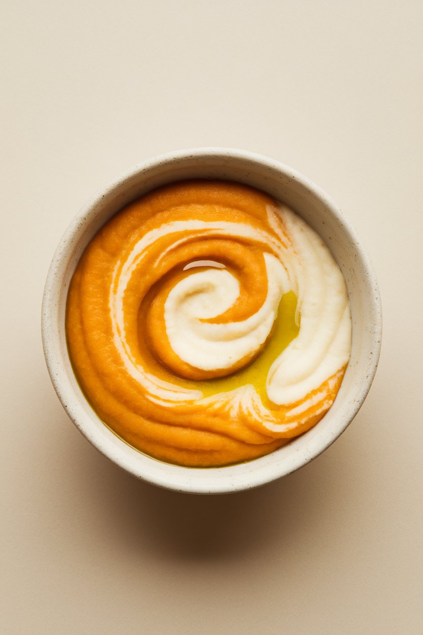 Indoor photo of smooth orange-white purée in a small bowl, swirled attractively, drizzle of olive oil on top. No text or logos; photo.