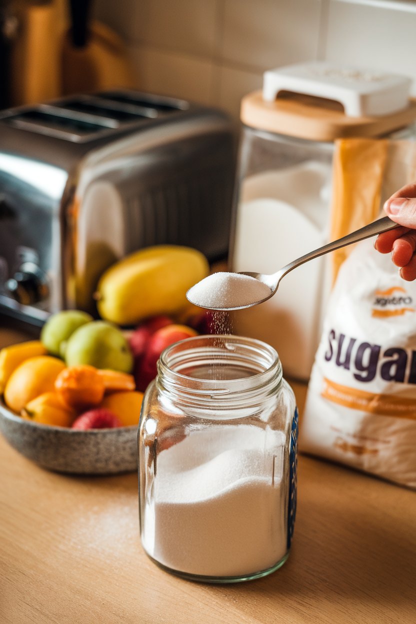 Photo — A kitchen counter indoors showing a spoonful of granulated sugar being returned to a jar beside a bowl of fresh fruit. No text or brand names.