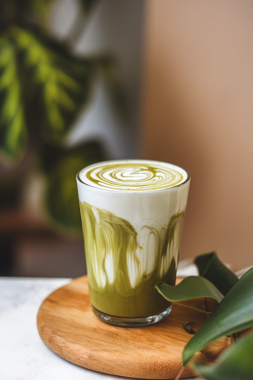 A photo of a latte glass indoors, layered green matcha and creamy coconut milk swirls on top; no text or logos.