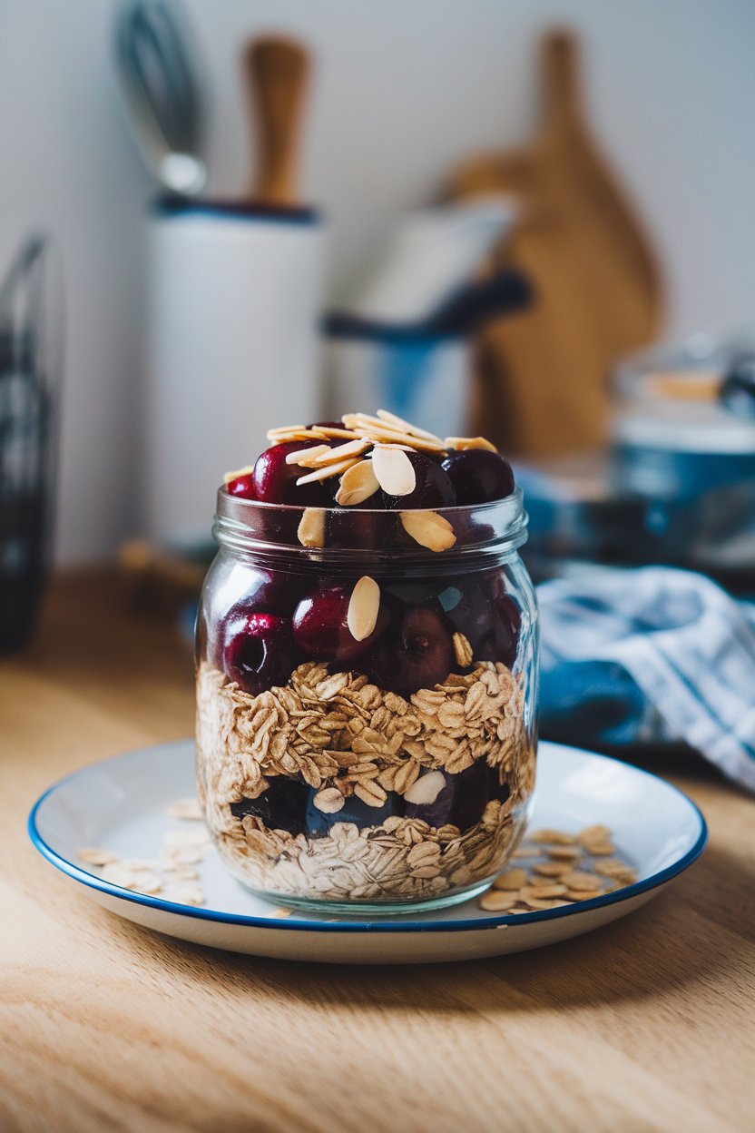 Indoor wooden tabletop photo of a jar layered with dark cherries, oats, and sliced almonds sprinkled over the surface. No logos or text. Photo only.