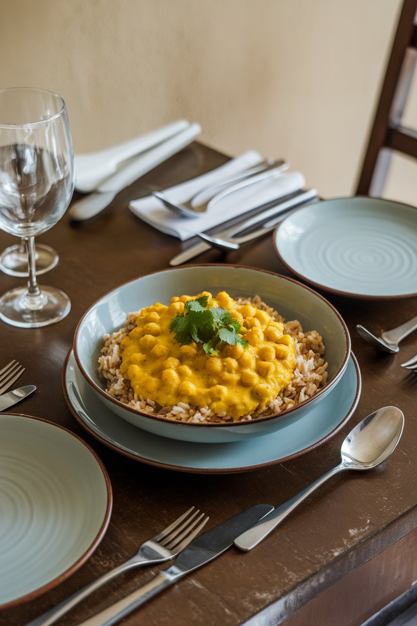 An indoor dining table set with a bowl of creamy yellow chickpea curry served over brown rice, topped with cilantro leaves. No logos. Photo.