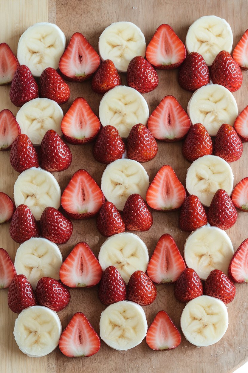Photo of indoor platter showing alternating banana and strawberry slices arranged like candy canes, brushed with coconut yogurt glaze, no text or logos.