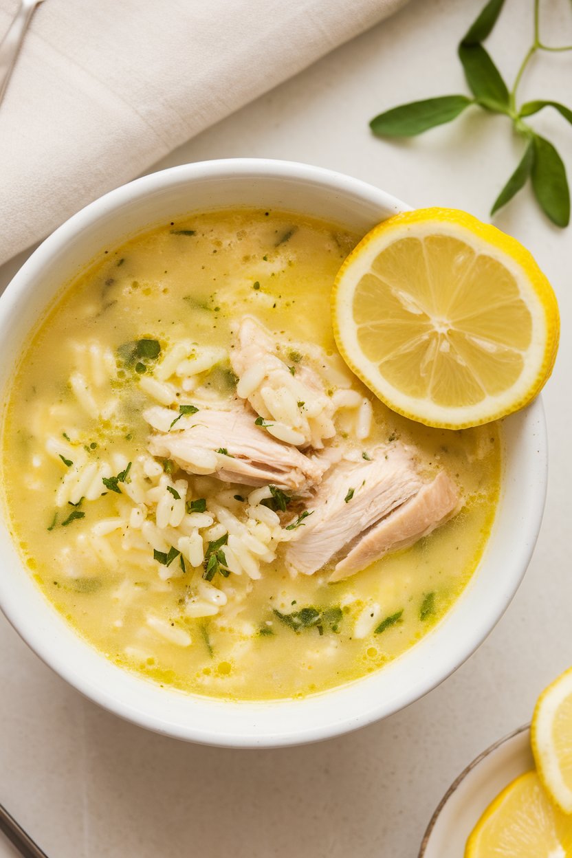 Indoor photo of pale yellow avgolemono soup with rice and chicken pieces, lemon slice on rim; no text or logos