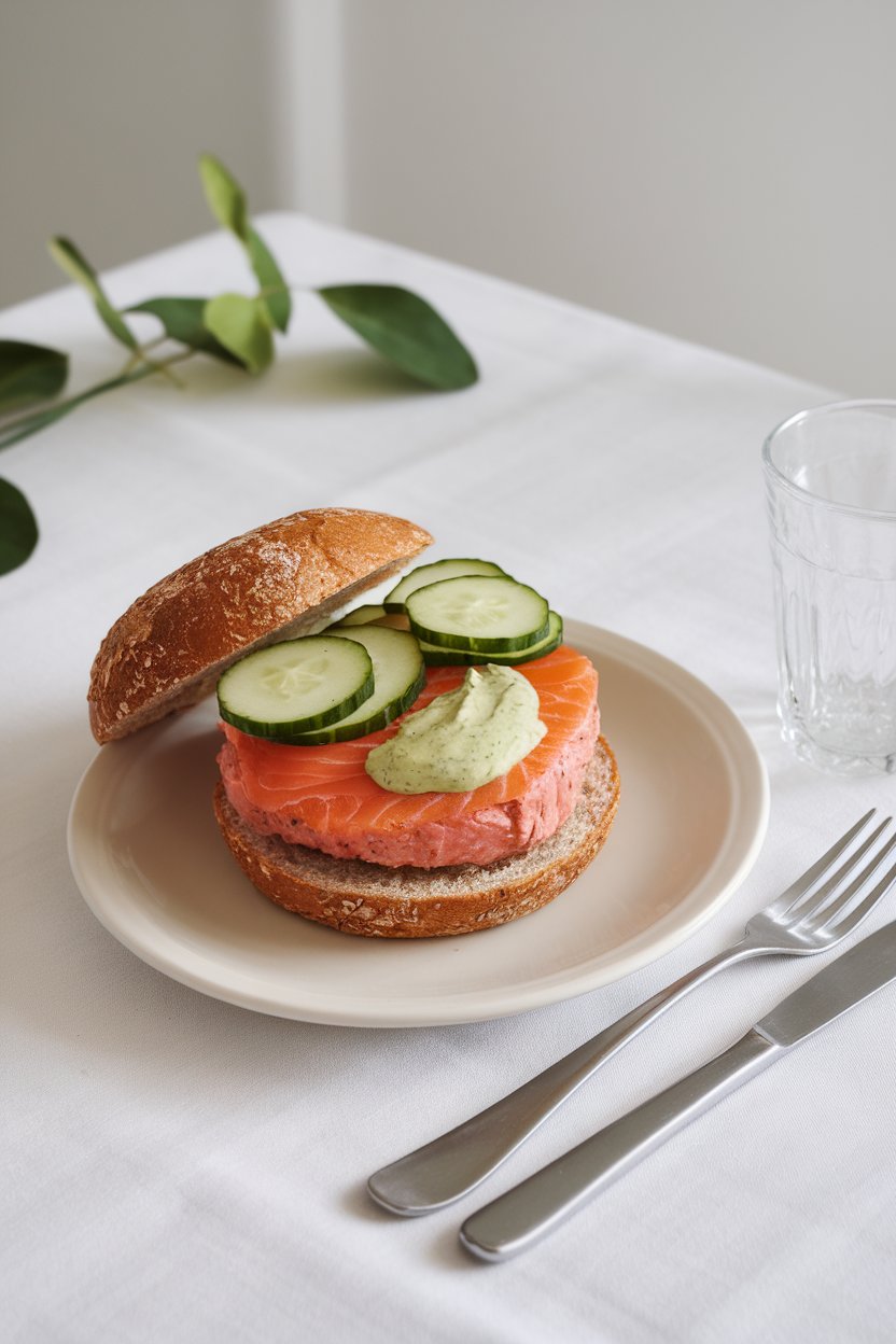 An indoor dining table with two salmon burgers on whole-grain buns, topped with cucumber ribbons and a dollop of dill mustard sauce. No visible brand names or text.