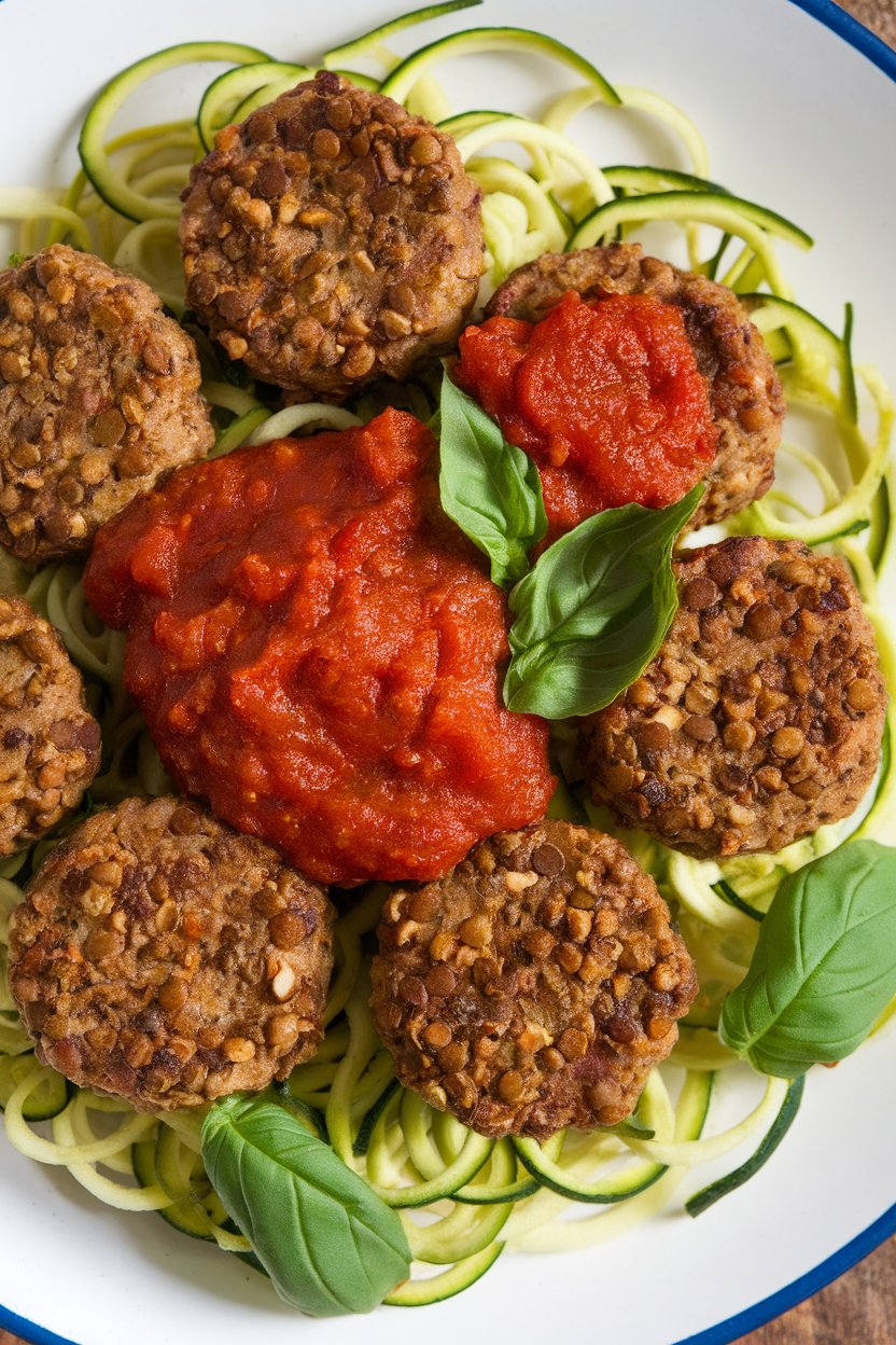 An indoor plate shot of browned lentil-walnut meatballs arranged on spiralized zucchini noodles with a ladle of marinara, garnished with basil; no text or logos.