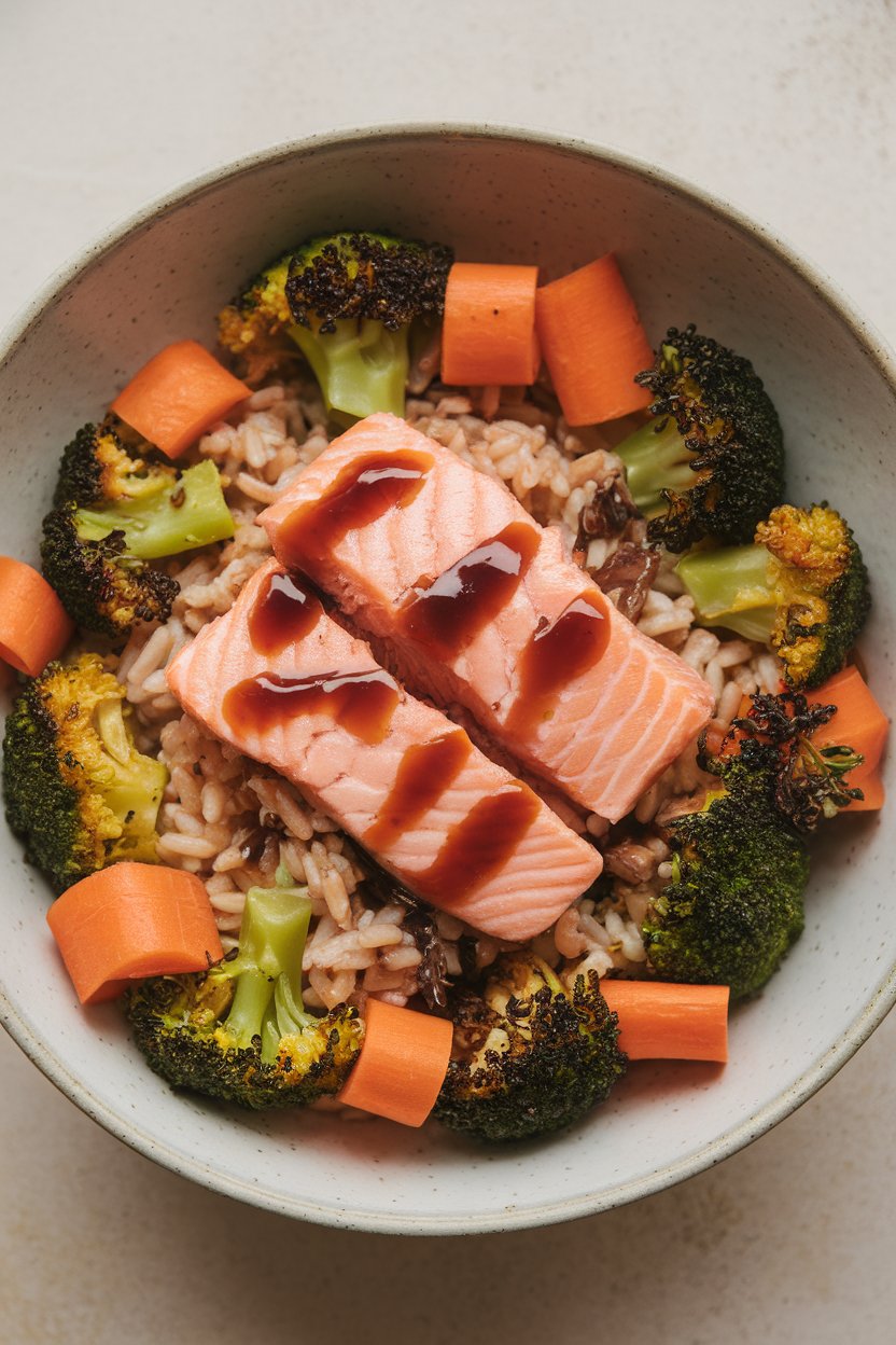 Indoor photo of a shallow bowl holding cooked salmon flakes over brown rice, surrounded by roasted broccoli and carrot ribbons, drizzle of soy glaze, no text or logos.
