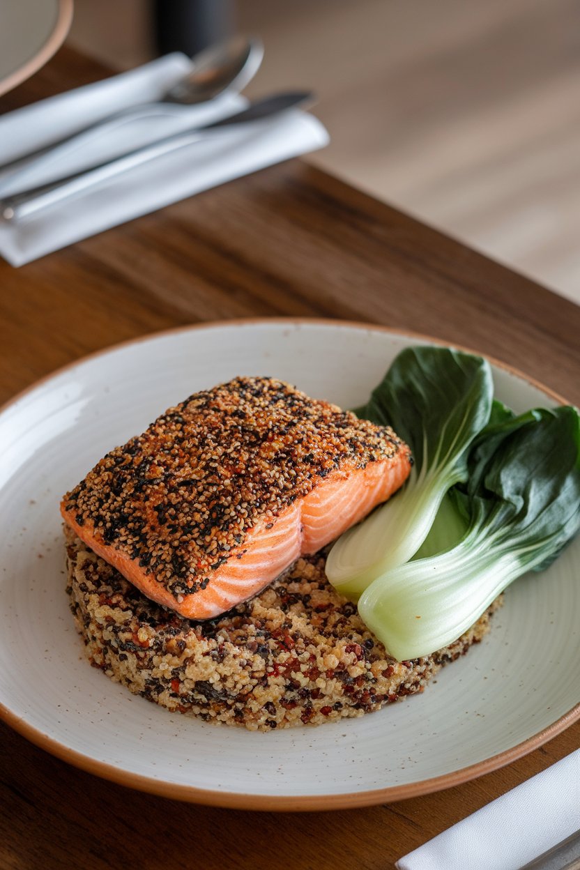 An indoor dining table showing a bowl of tri-color quinoa topped with a sesame-seed-encrusted salmon fillet and steamed bok choy. No text or logos anywhere.