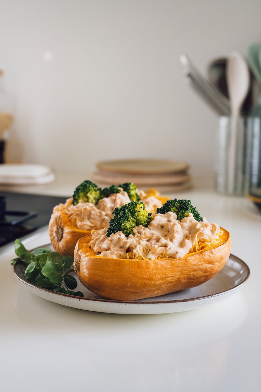 Indoor counter featuring roasted spaghetti squash halves filled with creamy turkey Alfredo and broccoli florets. Photo, no text or logos present.