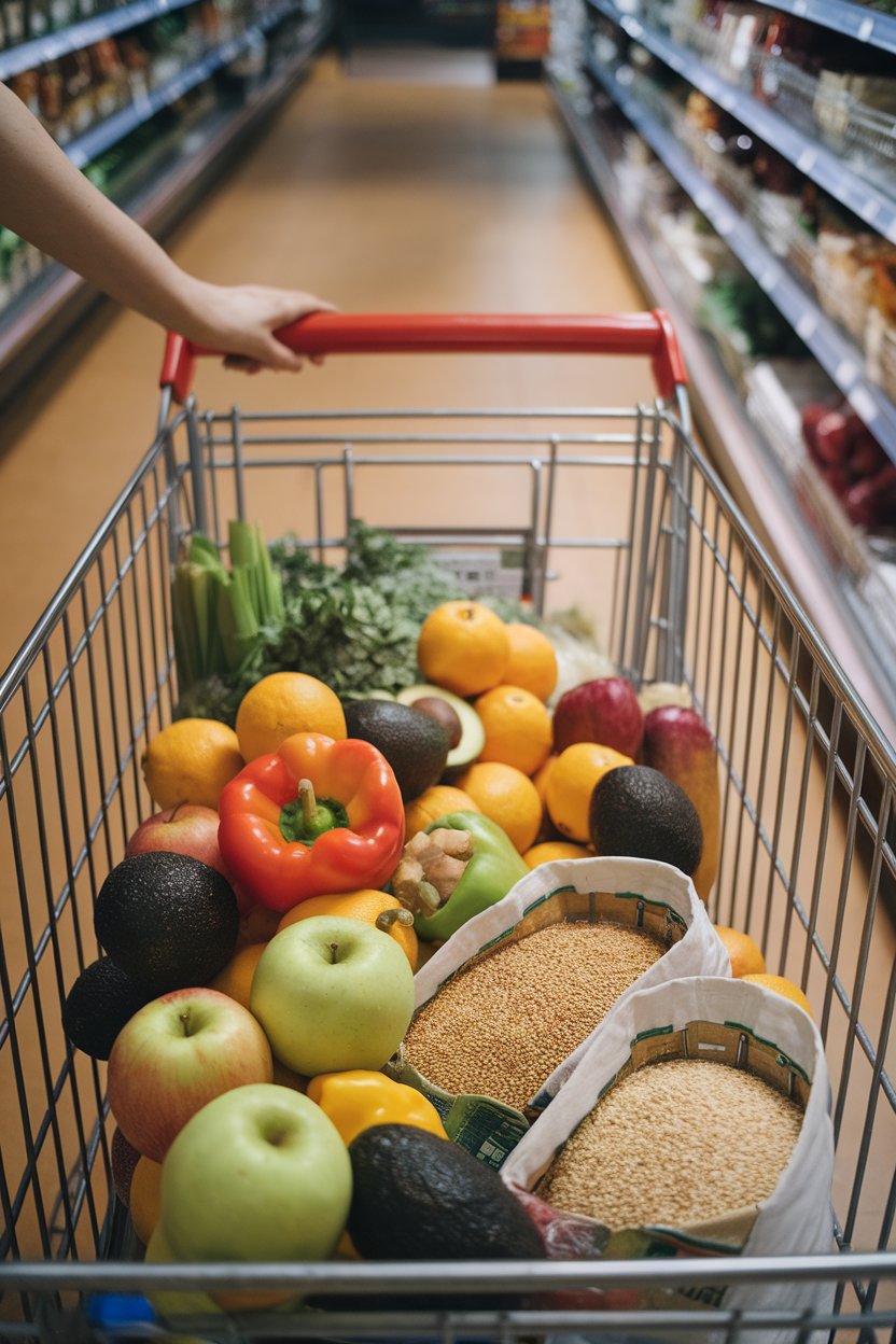 An indoor grocery cart filled with fresh produce and whole grains, photographed from the shopper’s perspective, stomach and hand visible on cart handle. No text or logos on packaging.